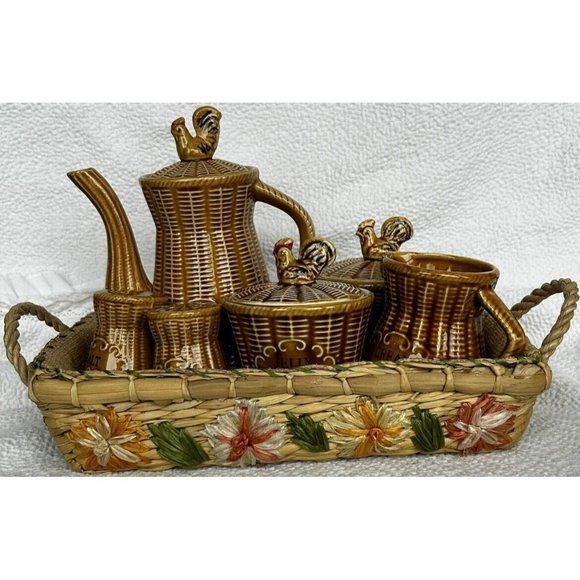 Basket Weave Rooster Mid Century Coffee Pot Creamer Sugar S&P Jelly & Basket
